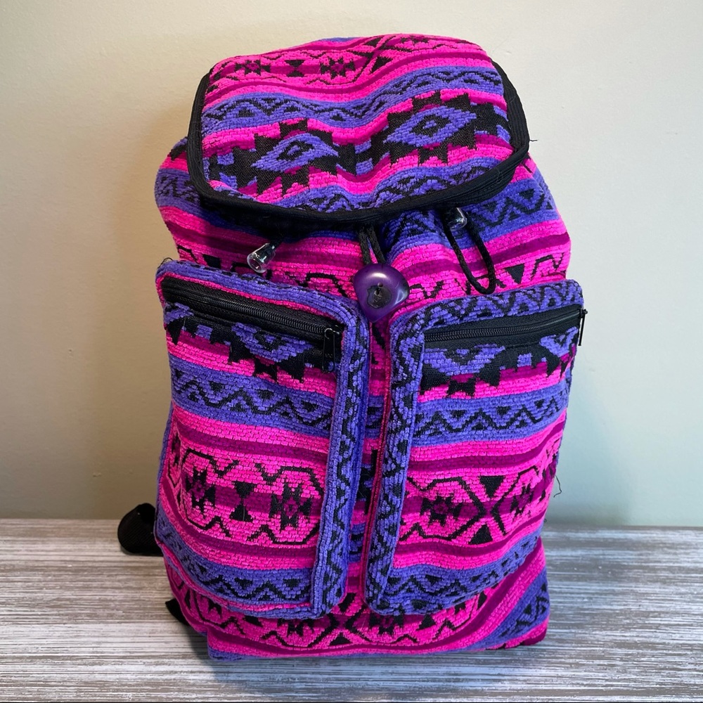 Aztec Women's Bag Drawstring Backpack Adjustable With Pockets Pink Purple Boho